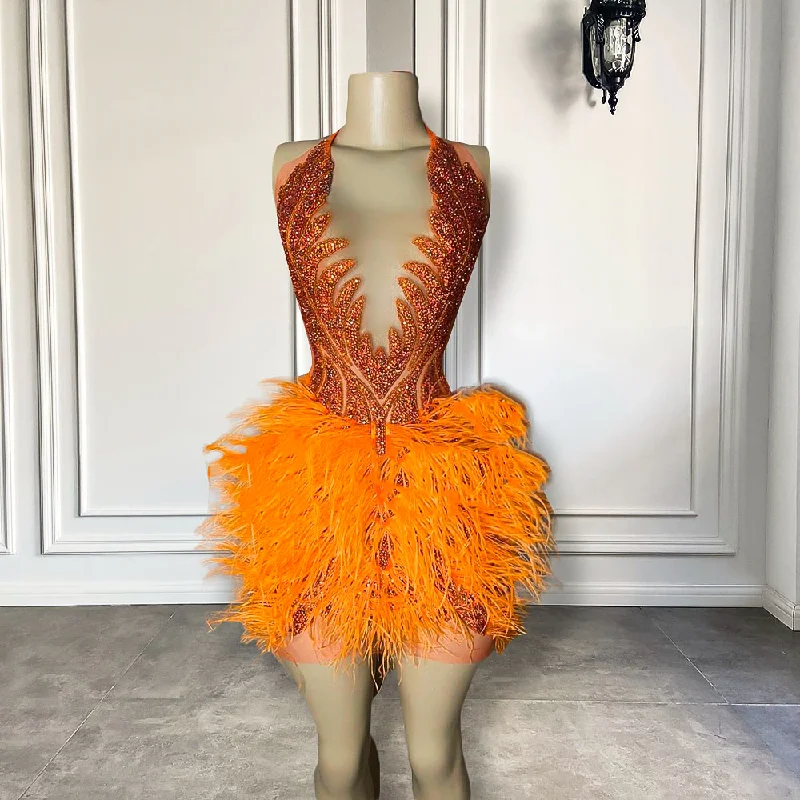 Chic Wardrobe Essentials Sexy See Through Luxury Orange Diamond Women Formal Birthday Party Gowns Feather Black Girls Mini Short Prom Dresses