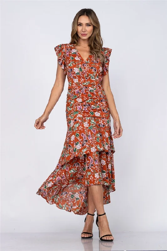 Mega Sale Clay Red Floral High Low Maxi Dress