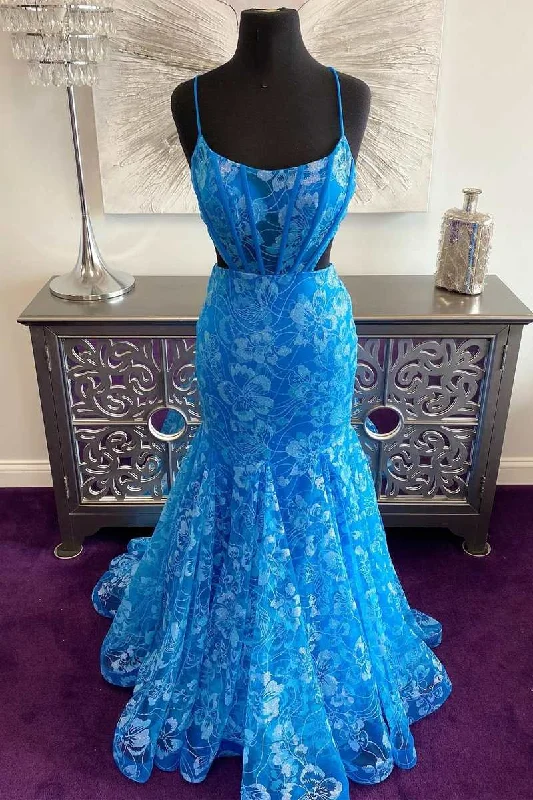 Shop Our Looks Blue Floral Lace Backless Trumpet Long Prom Gown