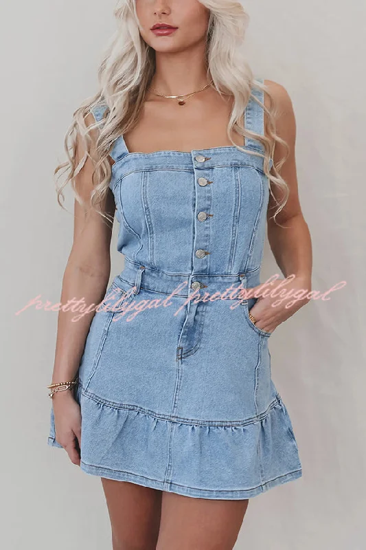 Day To Night Styles Solid Square Neck Suspender Button Pocket Denim Mini Dress