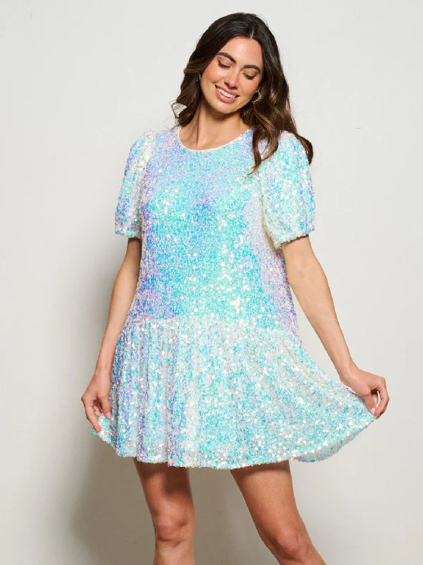 You'Ll Love Us Because WOMEN'S SHORT PUFF SLEEVE TIERED SEQUINS MINI DRESS