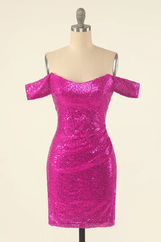 Premium Fabrics Fuchsia Off the Shoulder Sequin Party Mini Dress