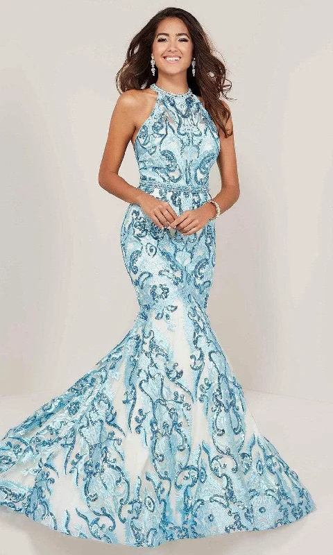 Women’s Fashion Essentials Tiffany Designs - Beaded Lace Halter Mermaid Gown 16336 - 1 pc Sky Blue/Nude In Size 4 Available