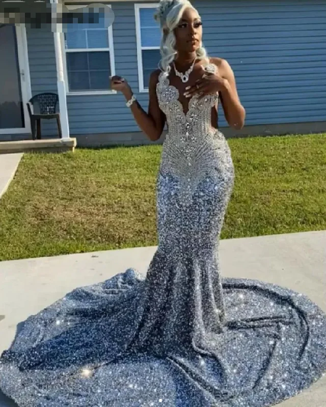 Cool Prices New Arrival Silver Mermaid Prom Dress For Black Girls Crystals Rhinestones Birthday Party Gown Court Train