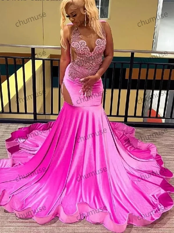 Crazy Price Slashing Pink Crystal Beading Long Mermaid Prom Dresses Black Girls