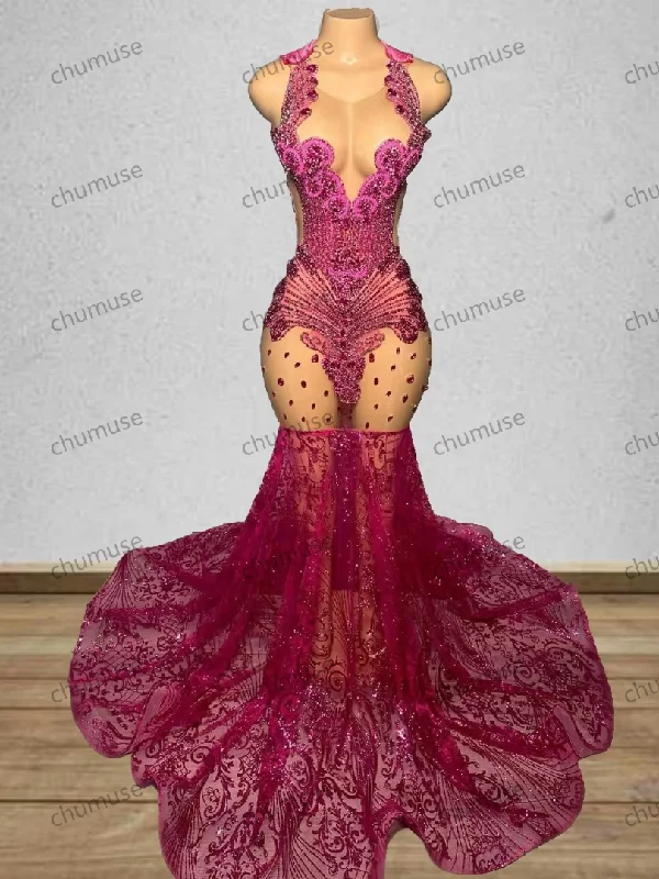 You'Ll Love Us Because Hot Pink Prom Dresses Luxury Black Girls Diamond Mermaid Birthday Party Gowns