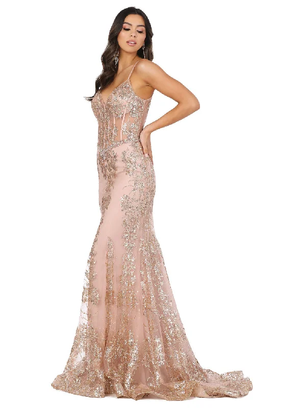 Luxury Women’s Clothing DQ 4118 Size 10 Rose Gold Long Sheer Sequin Mermaid Prom Dress Pageant Gown V Neck Crystal Belt