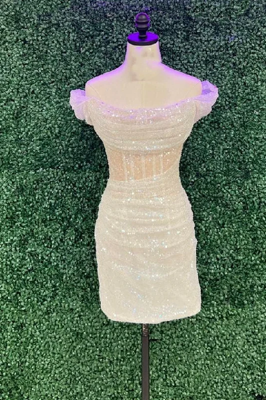 Sophisticated Style Off the Shoulder White Sequin Tight Mini Dress