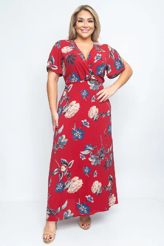 Valentine's Special Burgundy Red Floral Wrap Plus Size Maxi Dress