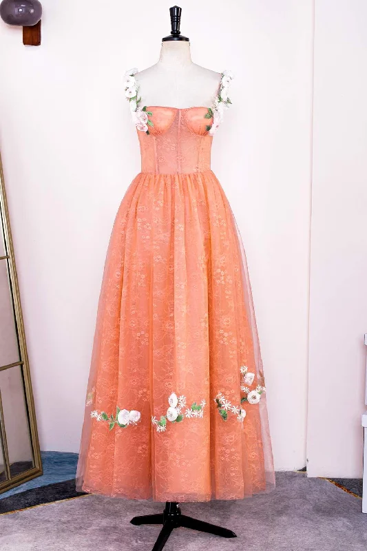 Comfortable Casual Women’s Clothing Orange Floral Straps A-line Embroidery Tea-Length Prom Dress