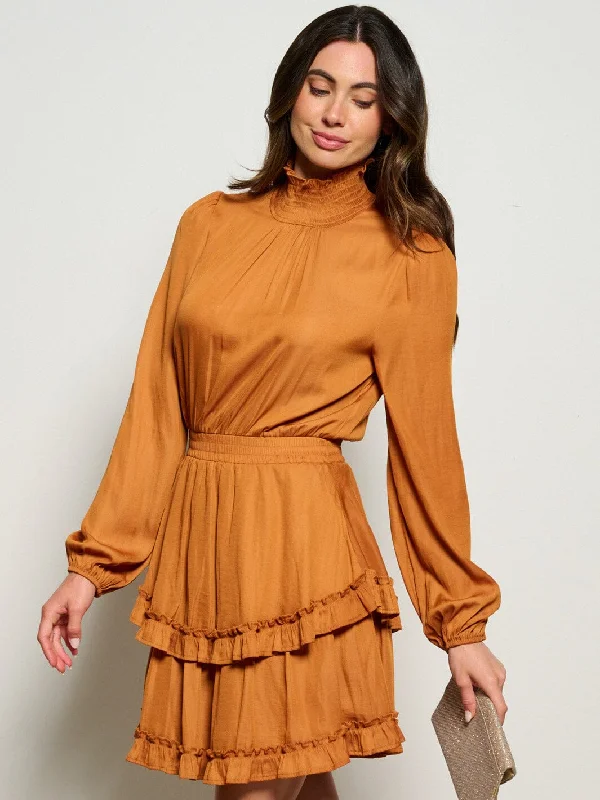 Hot Brand Discounts WOMEN'S LONG SLEEVE TURTLE NECK SMOCK WAIST RUFFLE  MINI DRESS