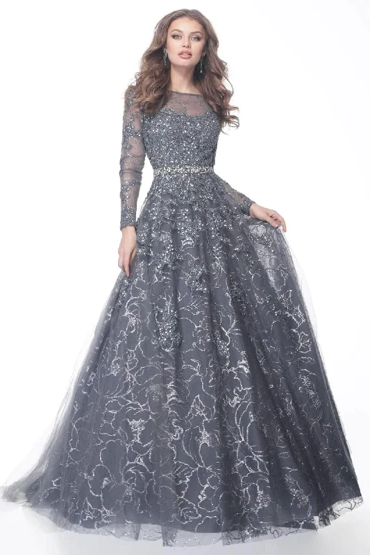 Trendy Outfits For Ladies Jovani - Illusion Bateau Glittered Ballgown 51838SC - 1 pc Gunmetal In Size 12 Available