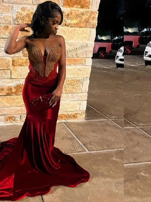 Flash Sale Starts Sexy Red Black Girls Prom Dress Gold Lace Appliques Beading African Formal Party