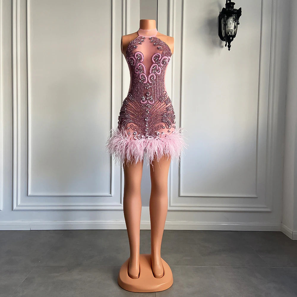 Premium Quality Garments Luxury Pink Diamond Women Birthday Dress Sexy See Through Feather Formal Occasion Cocktail Black Girls Short Prom Dresses