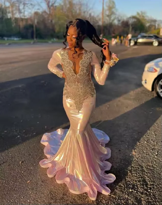 Trend Alert Gillter White Mermaid Prom Dresses customsized For Black Girls Luxury Beaded Sheer Neck Birthday Party Dress Evening Dress