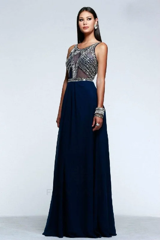 Women’s Evening Wear Faviana S7559 Dazzling Chiffon Gown With Embellished Sheer Bodice - 1 pc Dark Navy in Size 8 Available