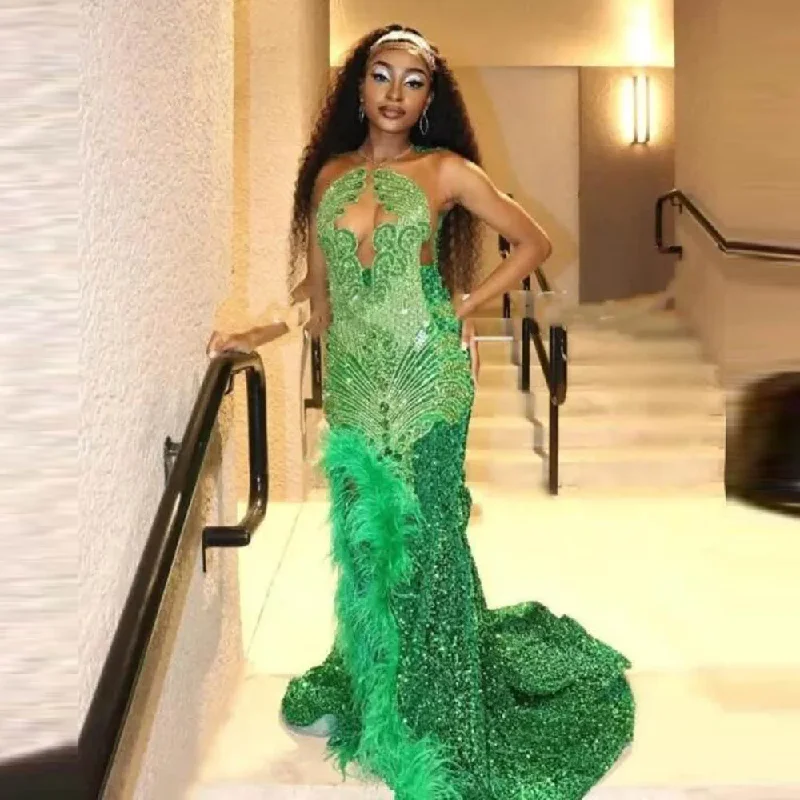 Luxe Women's Fashion Green Sequined Mermaid Prom Dresses Illusion Neckline Appliques Plus Size Feathers Evening Dress For Black Girls Aso Ebi Gowns