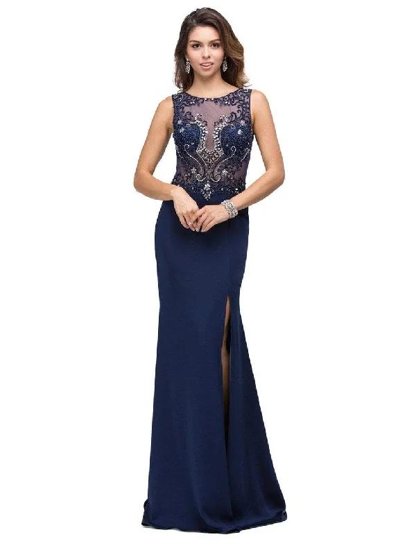 Seasonal Clearance Dancing Queen Ornate Illusion Mesh Gown in Navy 9791