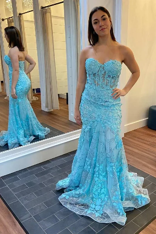 Limited Time Offers Blue Floral Appliques Strapless Mermaid Long Prom Dress