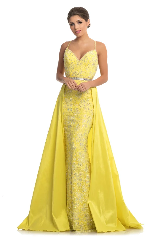 Buy More, Save More Johnathan Kayne 7242 Size 4 Canary Yellow Lace V Neck Pageant Gown Prom Dress OverSkirt