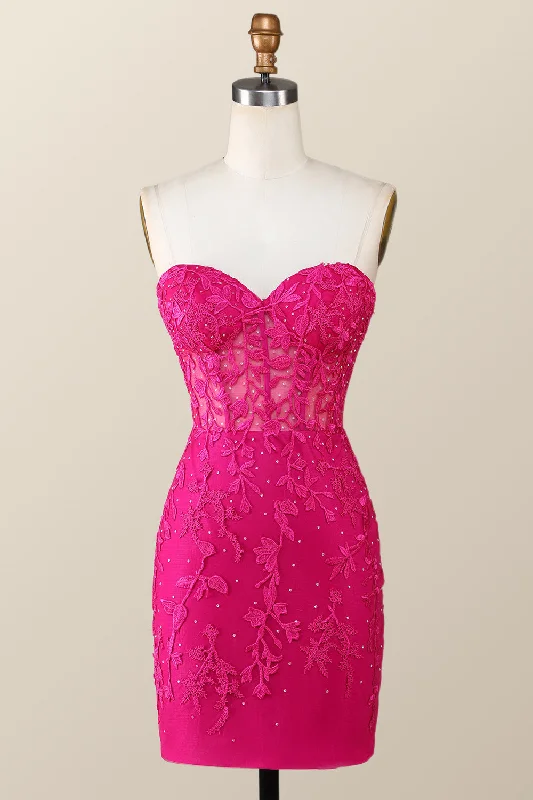 Casual Fashion Hot Pink Lace Appliques Tight Mini Dress