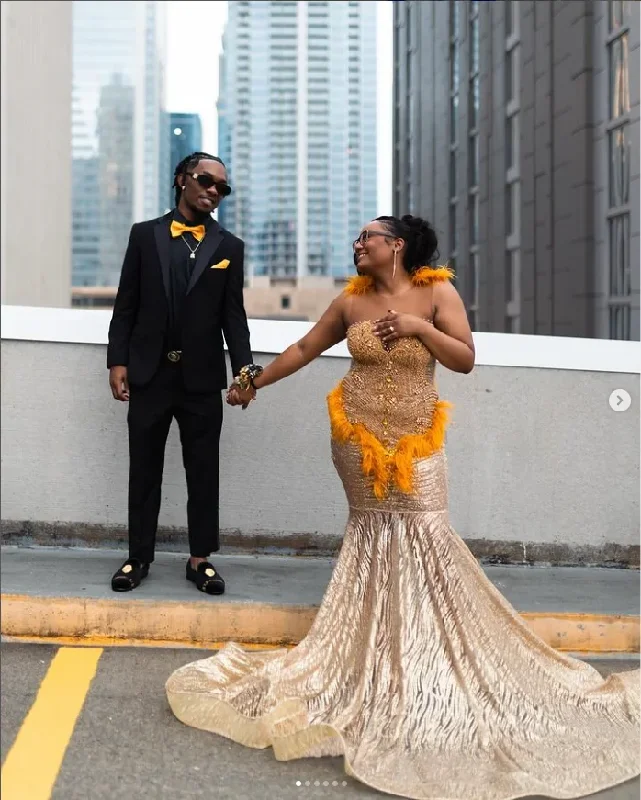 Eclectic Fashion Sparkling Gold Prom Dresses O Neck Beaded Diamante Feather Party Dresses African Girls Sequin Embellished Formal Gowns