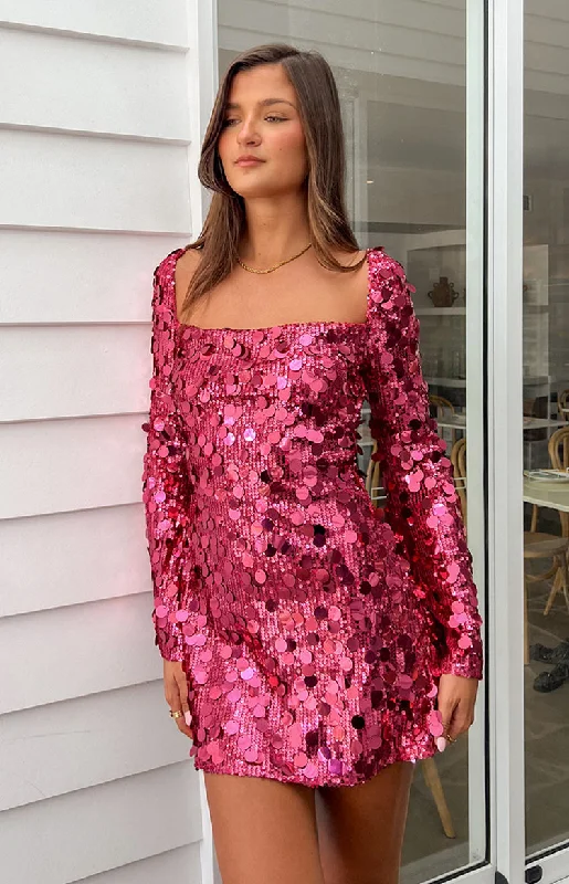 Trendy Fashion For Women Marienne Pink Sequin Long Sleeve Mini Dress