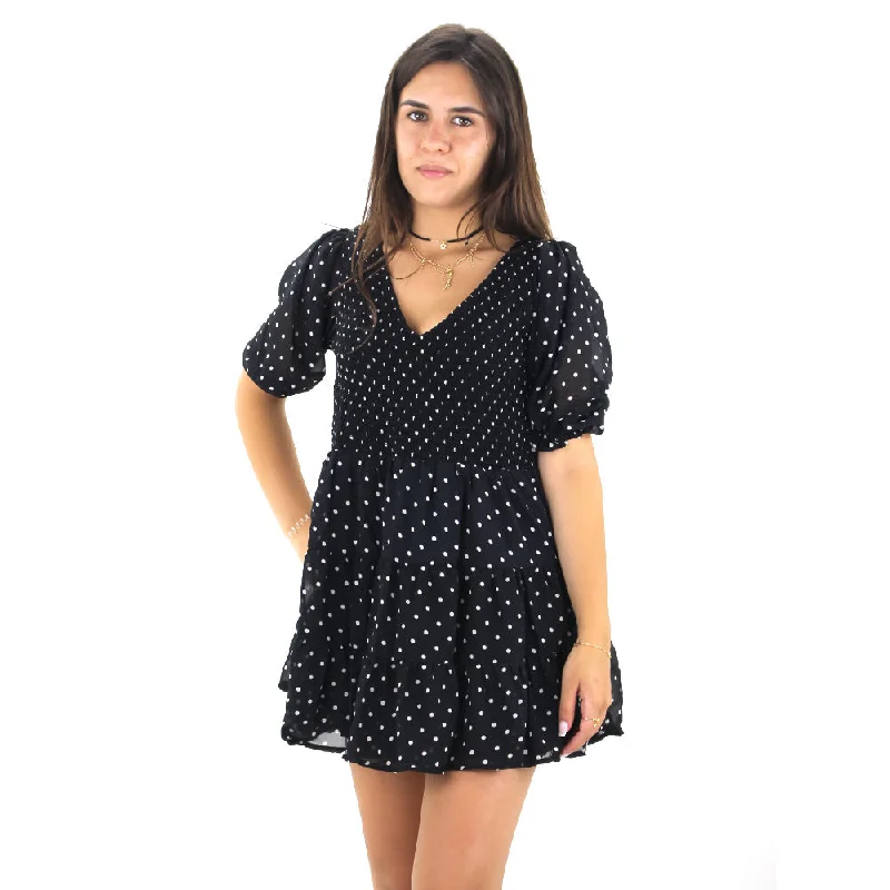 Save Big Women's Polka Dots Ruffle Mini Dress,Black