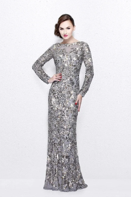 Trend Forward Women's Wear Primavera Couture - 1401 Long Sleeve Sequined Gown in Platinum Multi