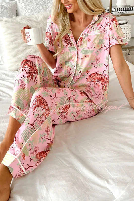 Elegant Style Sleeping Tiger Satin Elastic Waist Pocketed Pajama Pants Set