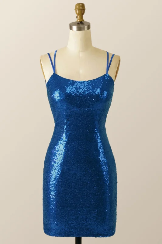 Elegant Fashion Double Straps Royal Blue Sequin Tight Mini Dress