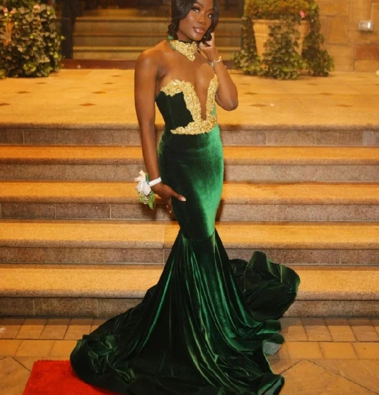 Fashion Essentials Customized Green Velvet Mermaid Prom Dress For Black Girls Gold Lace Crystal Beaded Party Gala Gown Robe De Soiree