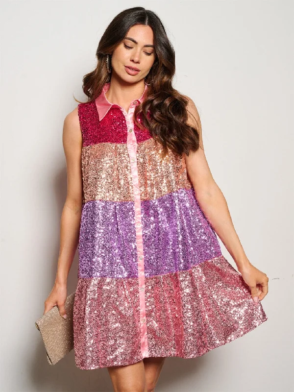 Fashion Forward Femininity WOMEN'S SLEEVELESS POCKETS TIERED TUNIC SEQUINS COLORBLOCK MINI DRESS