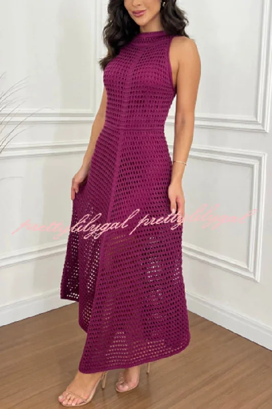 Stylish Looks Violet Crochet Knit Round Neck Texture A-line Maxi Dress