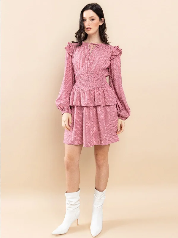 Trend Forward Women's Wear WOMEN'S LONG SLEEVE RUFFLE SMOCK WAIST MINI DRESS