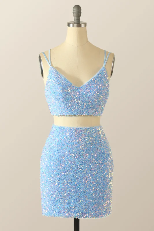 Graceful Fashion Two Piece Blue Sequin Tight Mini Dress