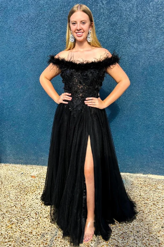 Women’s Evening Wear for Special Occasions Black Feathered Off-Shoulder Floral A-line Long Prom Dress with Slit