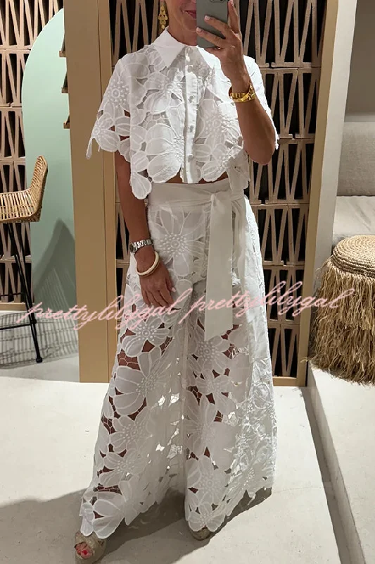 Wardrobe Essentials Redefining Elegance Floral Lace Cropped Shirt and Belt Pocketed Wide Leg Pants Set