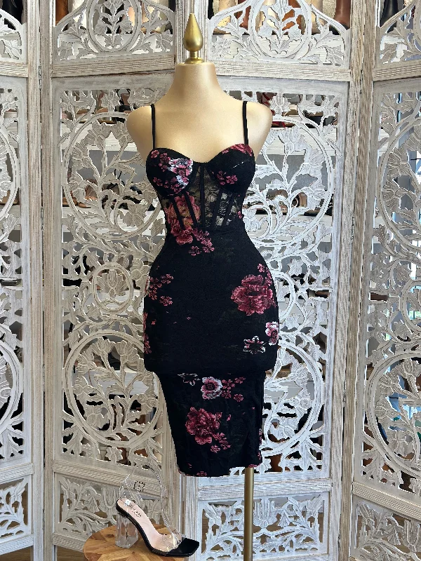 Versatile Wardrobe Essentials Lace Corset Floral Dress- Stretchy