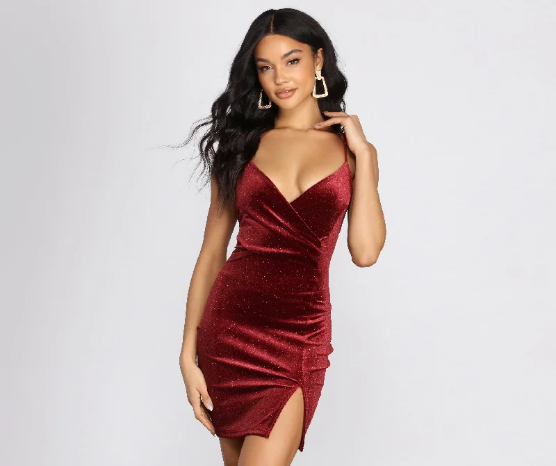 Flash Sale, Don't Miss Glitter Velvet Front Slit Mini Dress