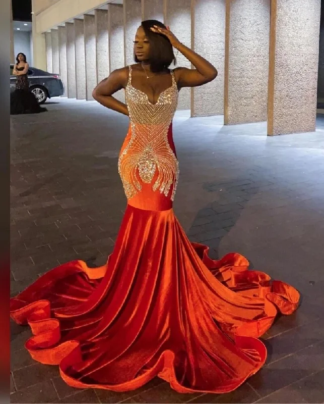 End Of Season Sale Sparkly Beaded Mermaid Prom Dresses For Black Girls Orange Velvet Plus Size Formal Birthday Party Evening Occasion Gowns