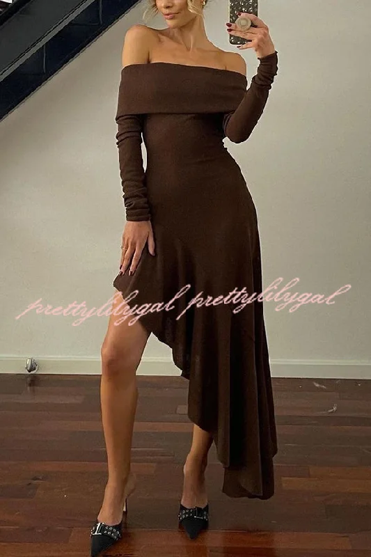 Seasonal Trends Temperament Off Shoulder Long Sleeve Irregular Hem Stretch Maxi Dress