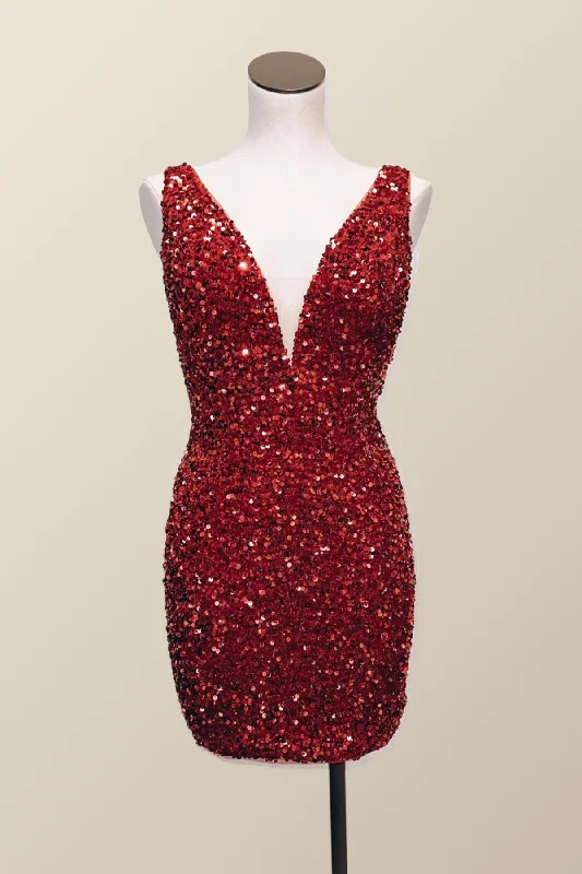 Fashion Essentials Wine Red Sequin Tight Mini Dress