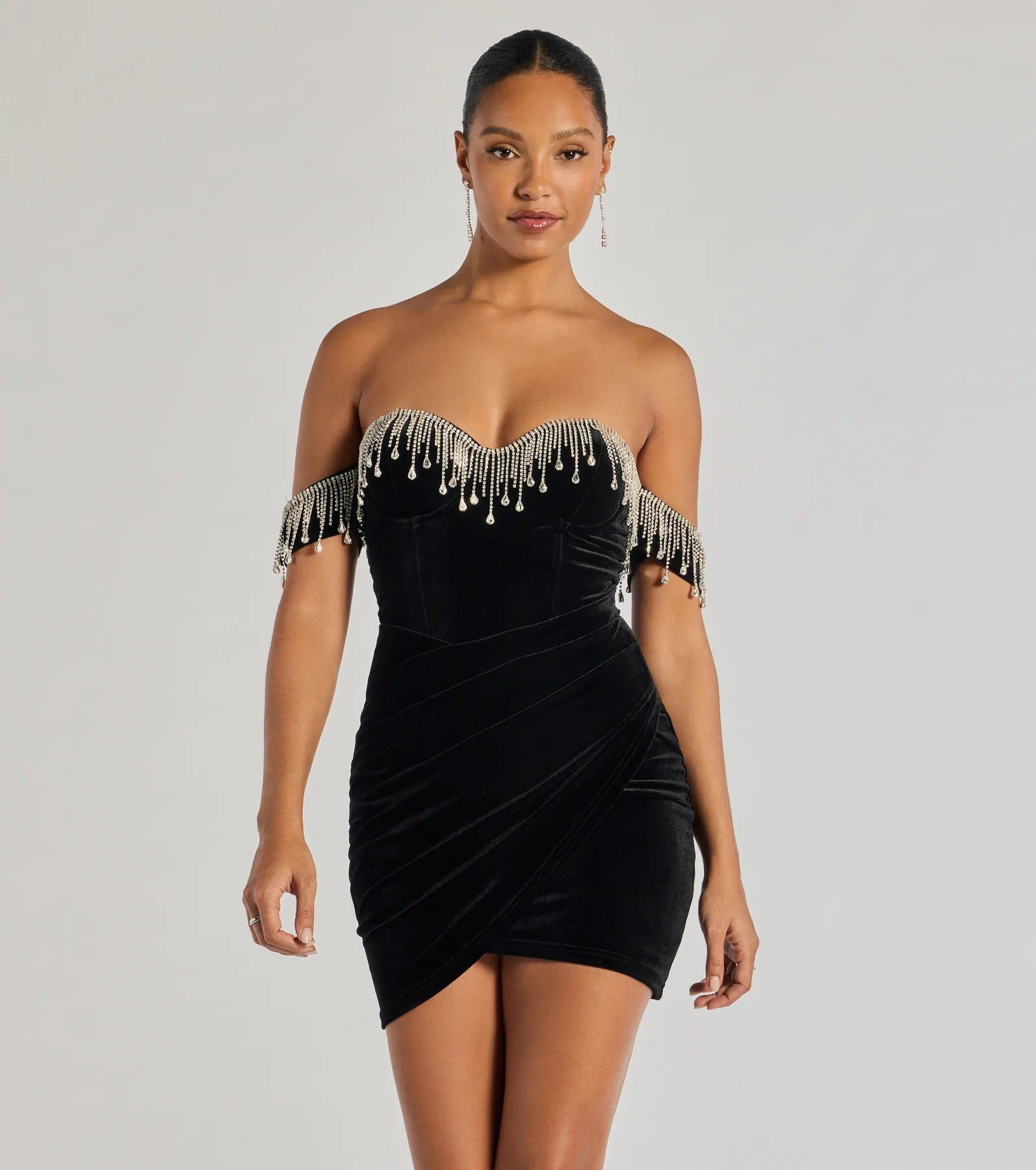 Classic Women’s Clothing Styles Janie Strapless Rhinestone Fringe Velvet Mini Dress