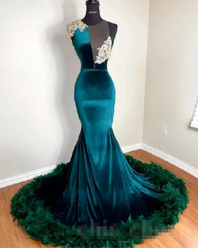 Stylish Savings Teal African American Prom Dresses Mermaid Sheer Velvet Appliques Beaded Black Girls Nigeria Robe De Soiree Evening Gown