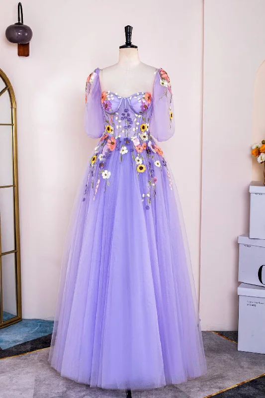 High-Quality Women’s Fashion Dresses Lavender Puff Sleeves Floral Appliques A-line Long Prom Dress