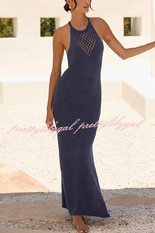 High End Fashion Solid Color Hollow Sexy Backless Slit Knitted Cover-up Maxi Dress