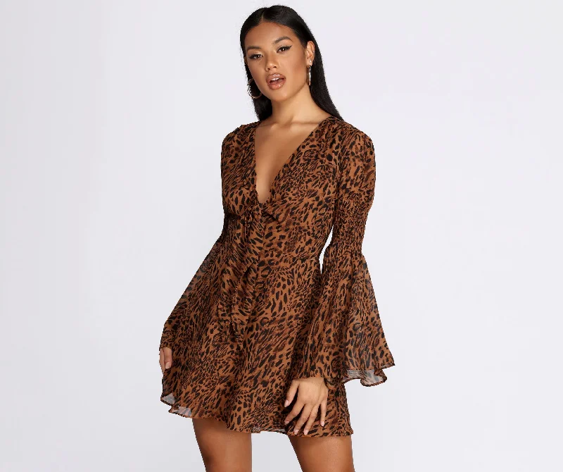 Fashion Essentials Leopard Bell Sleeve Chiffon Mini Dress