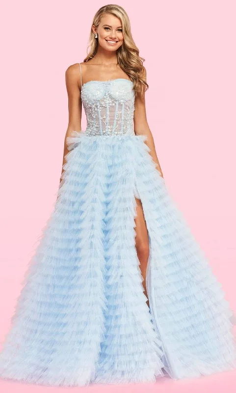 Bold Fashion Sherri Hill - 54189 Sheer Bodice Tiered Tulle High Slit Ballgown