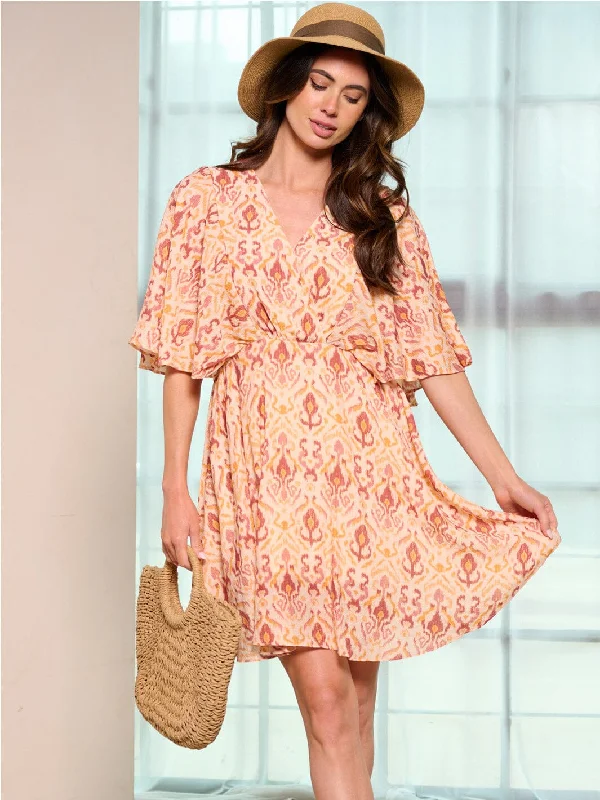 Stupidly Low Prices WOMEN'S SHORT SLEEVE SURPLICE MULTI PRINT MINI DRESS